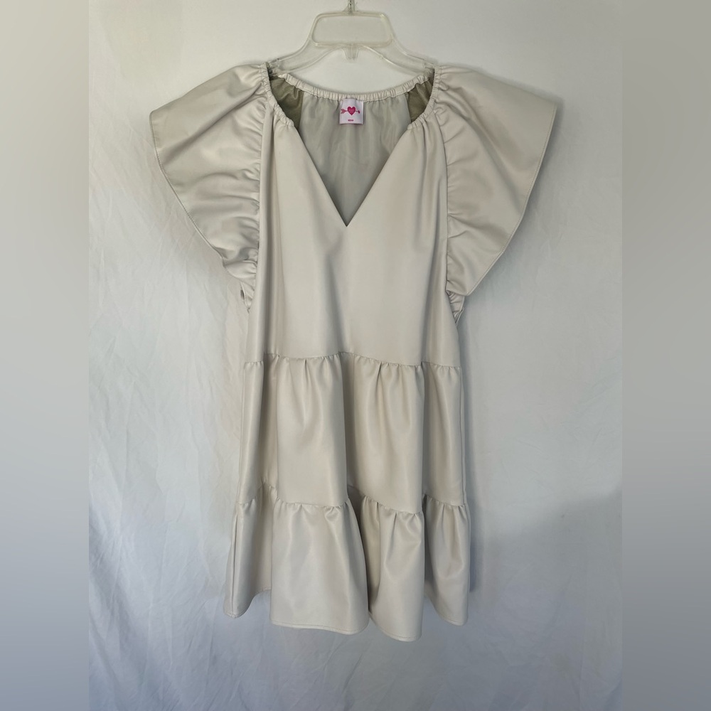 Buddy Love Ronnie White Ruffle Mini Dress Faux Leather Cream Solid NWOT - Picture 3 of 7